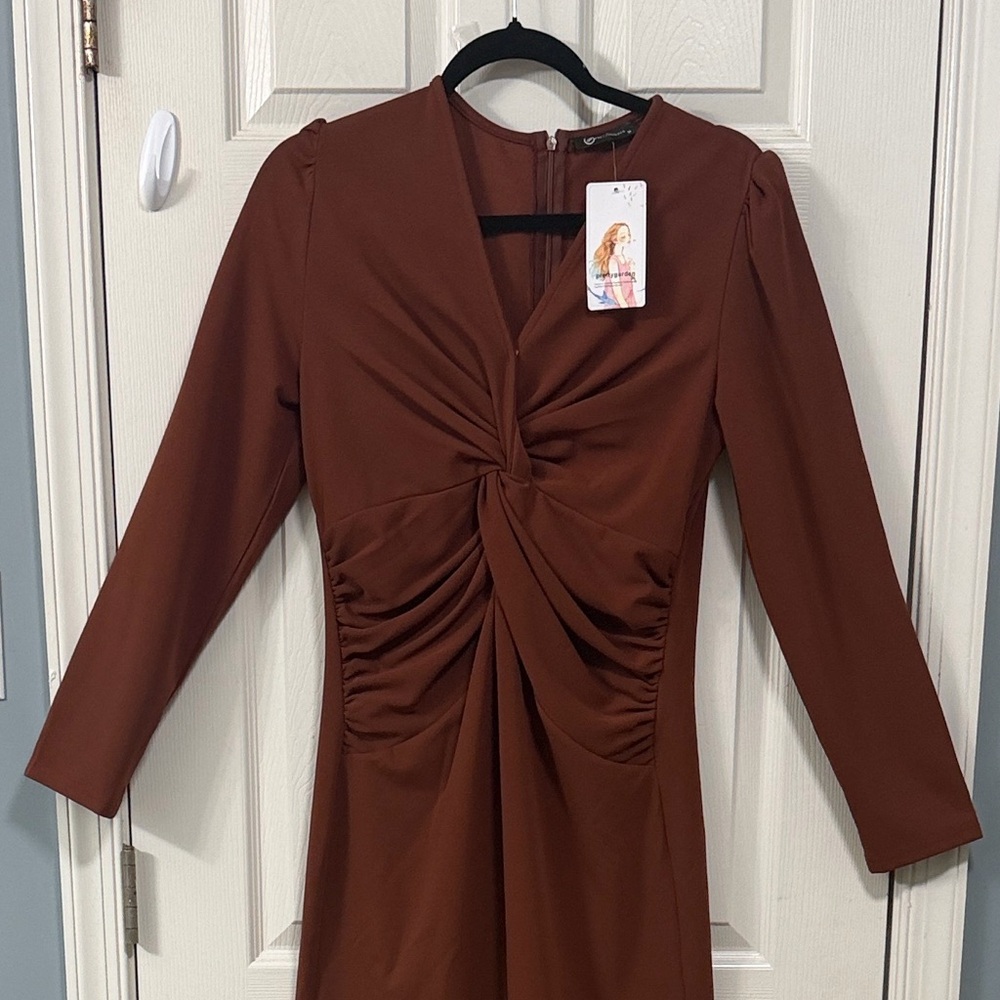New PrettyGarden Long Sleeve Brown Dress Elegant Wear Career Office Wear Luxury - Picture 9 of 15